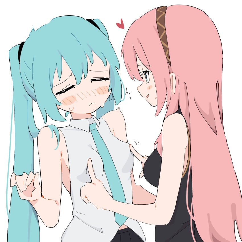 2girls blush boop closed_eyes clothed clothed_female female female_only femalesub femdom femsub girl_on_girl girls_only giryu hatsune_miku headband megurine_luka necktie necktie_between_breasts nipple_play nipple_tweak no_visible_genitalia only_female poking poking_nipples rubbing_nipples small_breasts sweat sweatdrop twintails vocaloid yuri