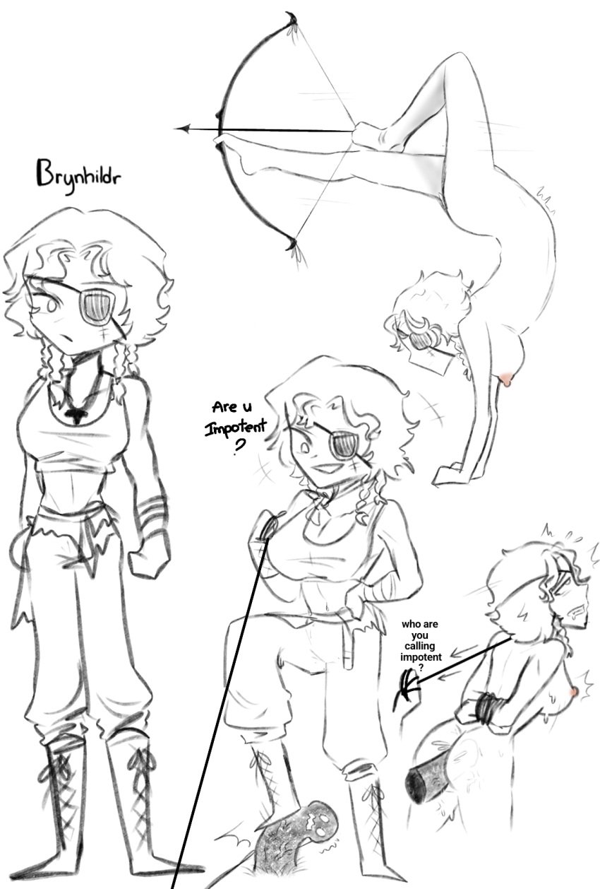 1boy 1girls ack_chan archer archery braid breasts brynhildr_vilulf character_name crop_top eyepatch female foot_archery identity_v leash leash_and_collar leash_pull male medium_hair nipples nude nude_female pants sex sex_from_behind text