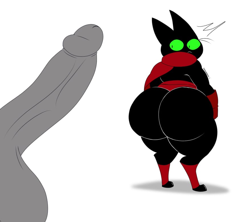 2025 2boys 2male anthro ass balls big_butt black_body black_fur cape cartoon_network circumcised clothing domestic_cat duo english_description erection felid feline felis fur gay genitals gloves green_eyes handwear hi_res humanoid humanoid_genitalia humanoid_penis looking_back male male/male mammal mao_mao:_heroes_of_pure_heart mouth_closed penis rear_view red_cape red_clothing red_gloves red_handwear samucafujiwara sheriff_mao_mao_mao standing thick_thighs vein veiny_penis