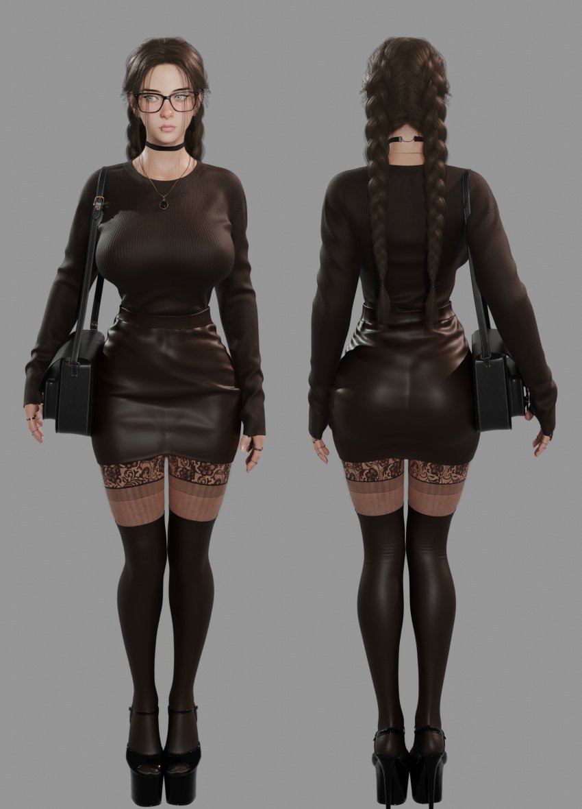 1girls 3d 3d_(artwork) amulet bag beer beer_can black_choker black_glasses black_heels black_shoes blender blender_eevee braid braided_hair braided_ponytail braided_twintails braids brown_hair brown_skirt brown_socks brown_sweater choker cute ear_piercing earrings female female_focus female_only from_behind fully_clothed glasses green_eyes handbag heels high_heels huge_ass huge_breasts leather_bag lip_piercing lip_ring long_socks looking_away looking_offscreen lots_of_jewelry necklace nose_blush nose_piercing nose_ring original_character osimai pencil_skirt ring ring_piercing runa_(osimai) socks stockings sweater tall_girl thigh_highs thighhighs tight_clothing tight_skirt tight_sweater twintails