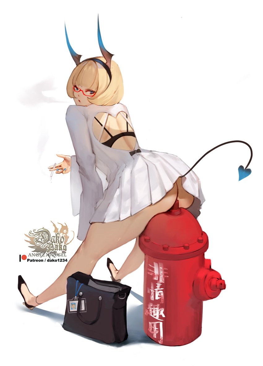 blonde_hair devil_tail fire_hydrant hu_dako sitting skirt skirt_lift