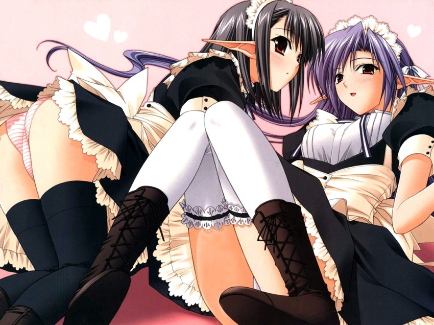 all_fours ass black_hair blue_hair boots maid miniskirt panties red_eyes sage_(tick!_tack!) shuffle! sitting skirt smile suzuhira_hiro thighhighs tick!_tack! underwear