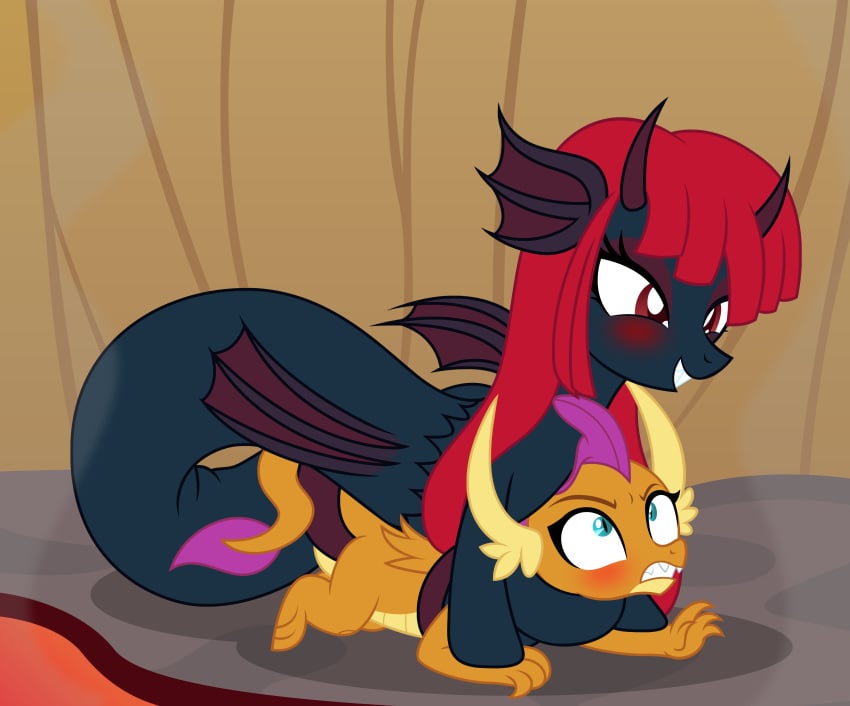 absurd_res badumsquish blue_eyes blush chokehold demon demon_pony dragon duo ear_fins eyeshadow fan_character female feral fin friendship_is_magic genitals grey_body gynomorph gynomorph/female hair hasbro hi_res intersex intersex/female long_hair makeup membrane_(anatomy) membranous_wings monster my_little_pony mythological_creature mythological_scalie mythology obscured_penetration orange_body penis pupils red_eyes red_eyeshadow red_hair scalie slit_pupils smile smolder_(mlp) wings