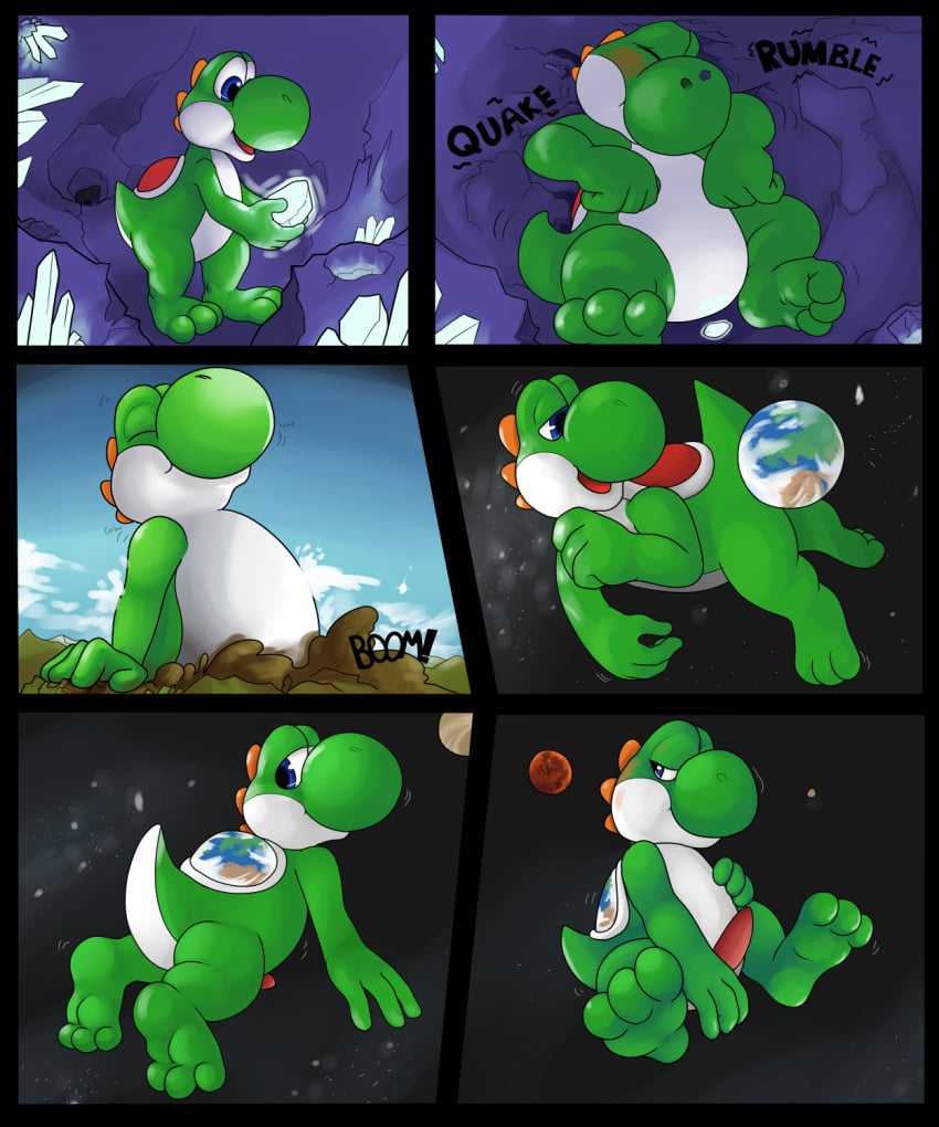 2015 3_toes blue_eyes blush comic dinosaur earth futonmania growth hindpaw male_only mario_(series) nintendo paws penis space tagme text toes yoshi