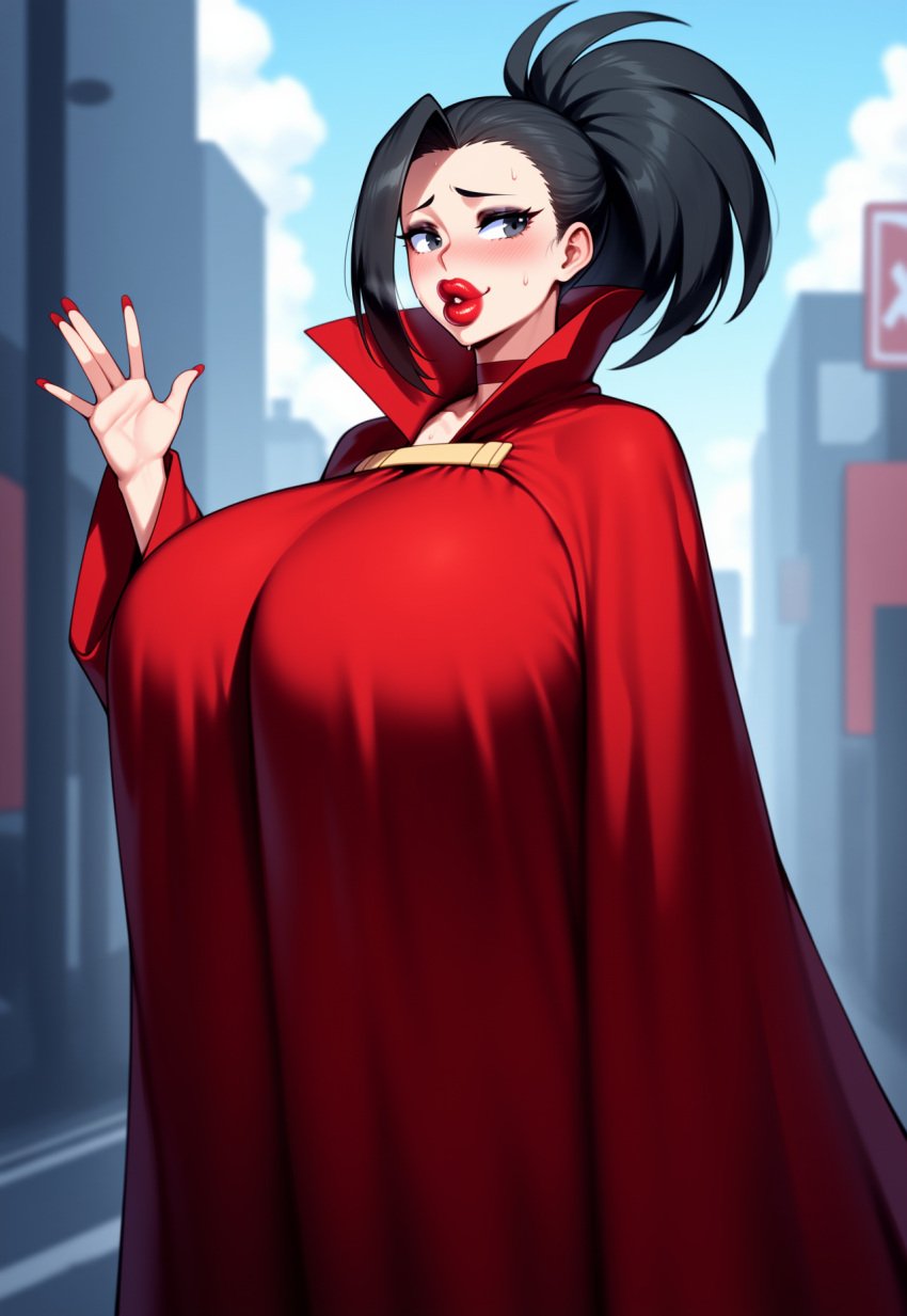 ai_generated bimbo bimbo_lips bimbofication blush body_covered boku_no_hero_academia breast choker cloak cloak_only collarbone female hiding huge_breasts lipstick massive_breasts momo_yaoyorozu mostly_clothed my_hero_academia nervous nervous_expression nervous_smile nervous_sweat novelai outdoors smile solo solo_female solo_focus sweat tgm101_(artist) walking waving yaoyorozu_momo