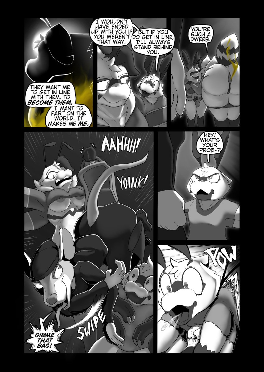 2_fingers 3_fingers 4_arms absurd_res american_opossum antennae_(anatomy) anthro anus areola areola_slip arthropod ass bag barely_visible_breasts barely_visible_nipples bee bending_down black_and_white bodily_fluids breasts clothed clothed_anthro clothed_male clothing comic criminal dialogue english_text fart fart_cloud fart_fetish female fingers fully_clothed fully_clothed_anthro fully_clothed_male genitals group gut_punch heather_(soomir) hectar_(soomir) hi_res hymenopteran insects jumpsuit male mammal marsupial monochrome multi_arm multi_limb nipples panties panties_down partially_clothed partially_clothed_anthro partially_clothed_anthro_nude_anthro partially_clothed_anthro_nude_male partially_clothed_female presenting presenting_anus presenting_hindquarters punch pussy saliva saliva_string shirt soomir speech_bubble stinger stinger_tail surprised surprised_expression tail text thief tongue tongue_out topwear trio underwear underwear_down violence virginia_opossum