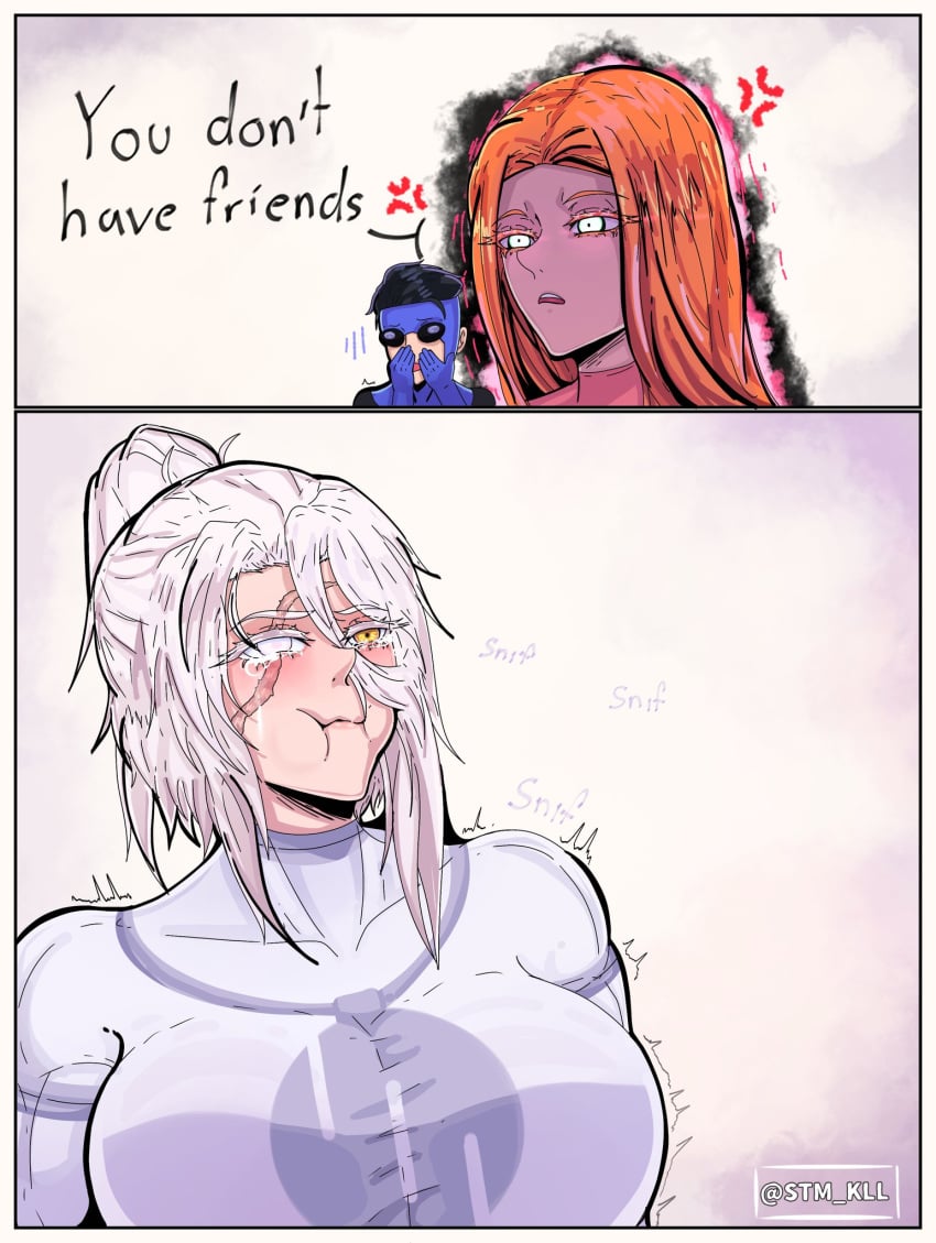 1boy 2girls atom_eve big_ass big_breasts breasts bullying conquest_(invincible) crying female_conquest genderswap_(mtf) invincible invincible_(tv_series) mark_grayson rule_63 stm_kll tagme white_eyes white_hair