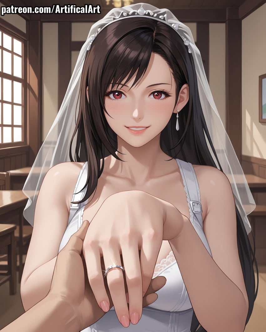 1girls ai_generated artifical_art big_breasts black_hair breasts bride fair_skin female final_fantasy final_fantasy_vii light-skinned_female long_hair perfect_body red_eyes tifa_lockhart