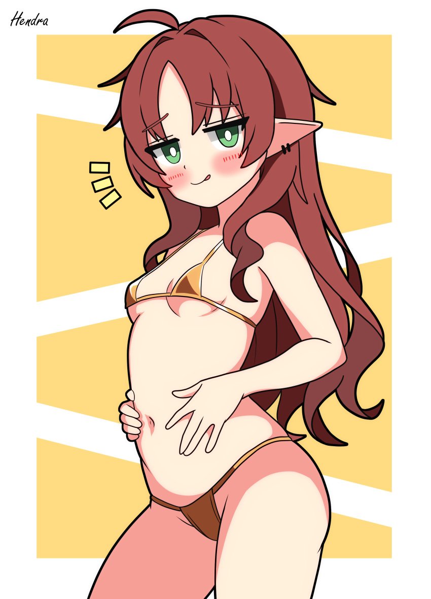 2d arknights bikini blush breasts female female_only gold_bikini hendra licking_lips long_ears long_hair looking_at_viewer myrtle_(arknights) red_hair small_breasts smile