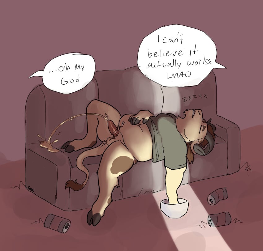 animal_genitalia anthro balls belly_tuft beverage_can bodily_fluids bottomless bovid brown_body brown_fur brown_hair caprine clothed clothing curved_horn eyebrows fingers fur fur_markings furniture genital_fluids genitals goat green_clothing green_shirt green_topwear hair hi_res hooved_fingers hooves horn krakencalamari long_hair male mammal markings medial_ring mostly_nude navel offscreen_character peeing peeing_on_furniture penis roswell_h shirt sleeping slightly_chubby sofa solo speech_bubble tail tail_tuft topwear tuft urine warm_water_prank watersports