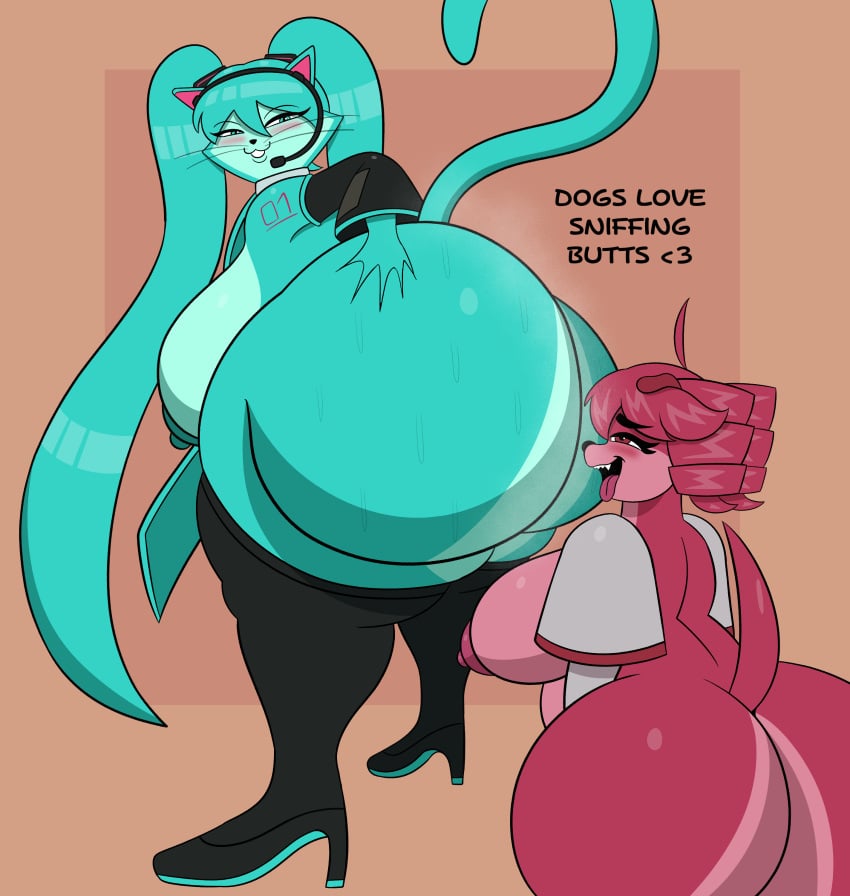 absurd_res anthro arm_warmers armwear ass blue_body bodily_fluids butt_sniffing canid canine canis clothing domestic_cat domestic_dog duo felid feline felis female female/female hatsune_miku hi_res kasane_teto leggings legwear looking_back mammal mechaclank musk red_body simple_background sniffing sweat sweaty_butt vocaloid