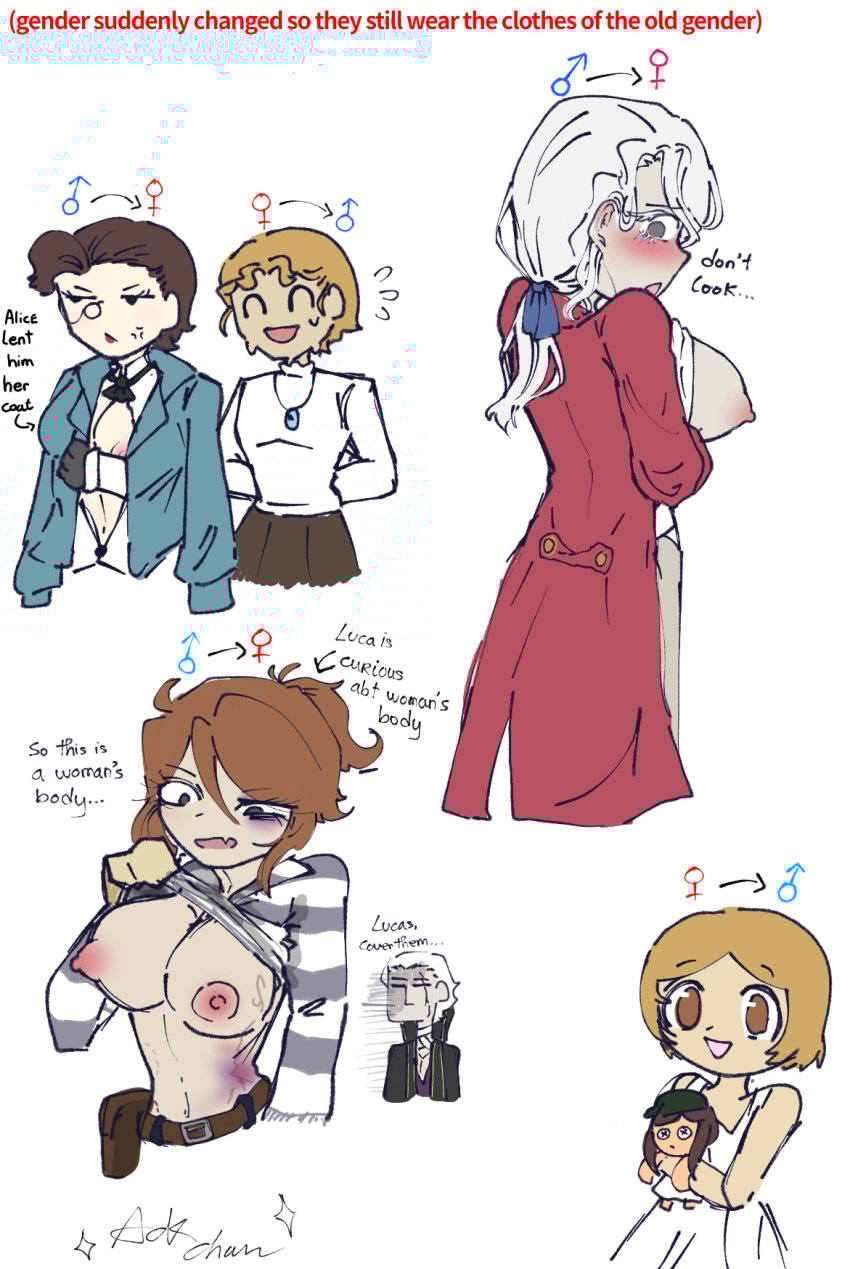 2boys 3girls ack_chan alice_deross artist_signature belt blonde_hair blush breasts brown_hair coat dialogue doll dress embarrassed frederick_kreiburg genderbend genderswap_(ftm) genderswap_(mtf) identity_v long_hair luca_balsa medium_breasts memory_(identity_v) monocle necklace nipples orpheus_(identity_v) rule_63 shirt shirt_lift skirt smile text white_hair