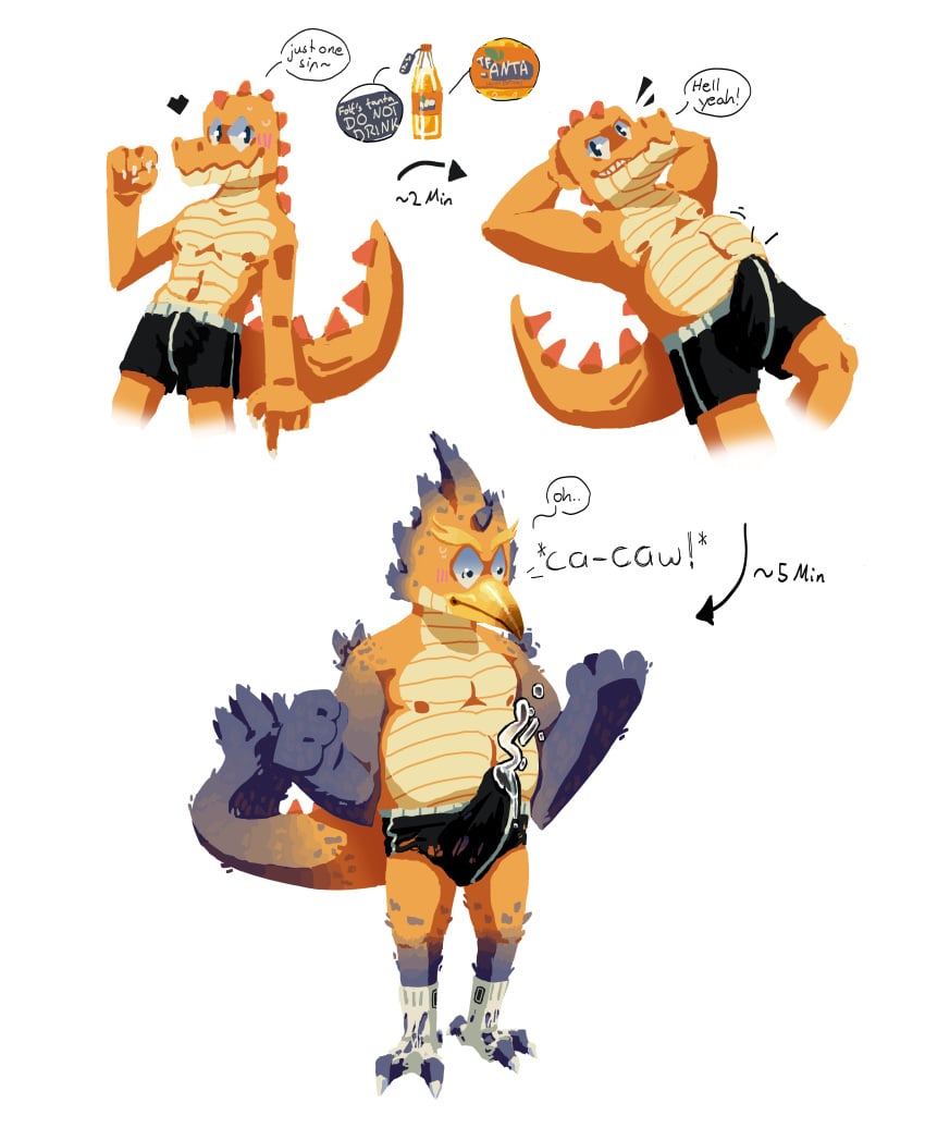 absurd_res anthro avian bird blush bodily_fluids bulge clothing crocodile crocodilian crushgator cum cumshot ejaculation embarrassed erection feathers feet footwear galliform genital_fluids half_transformation hi_res male phasianid reptile scales scalie socks solo species_transformation talons tealfolf toes torn_clothing transformation underwear unexpected weight_gain