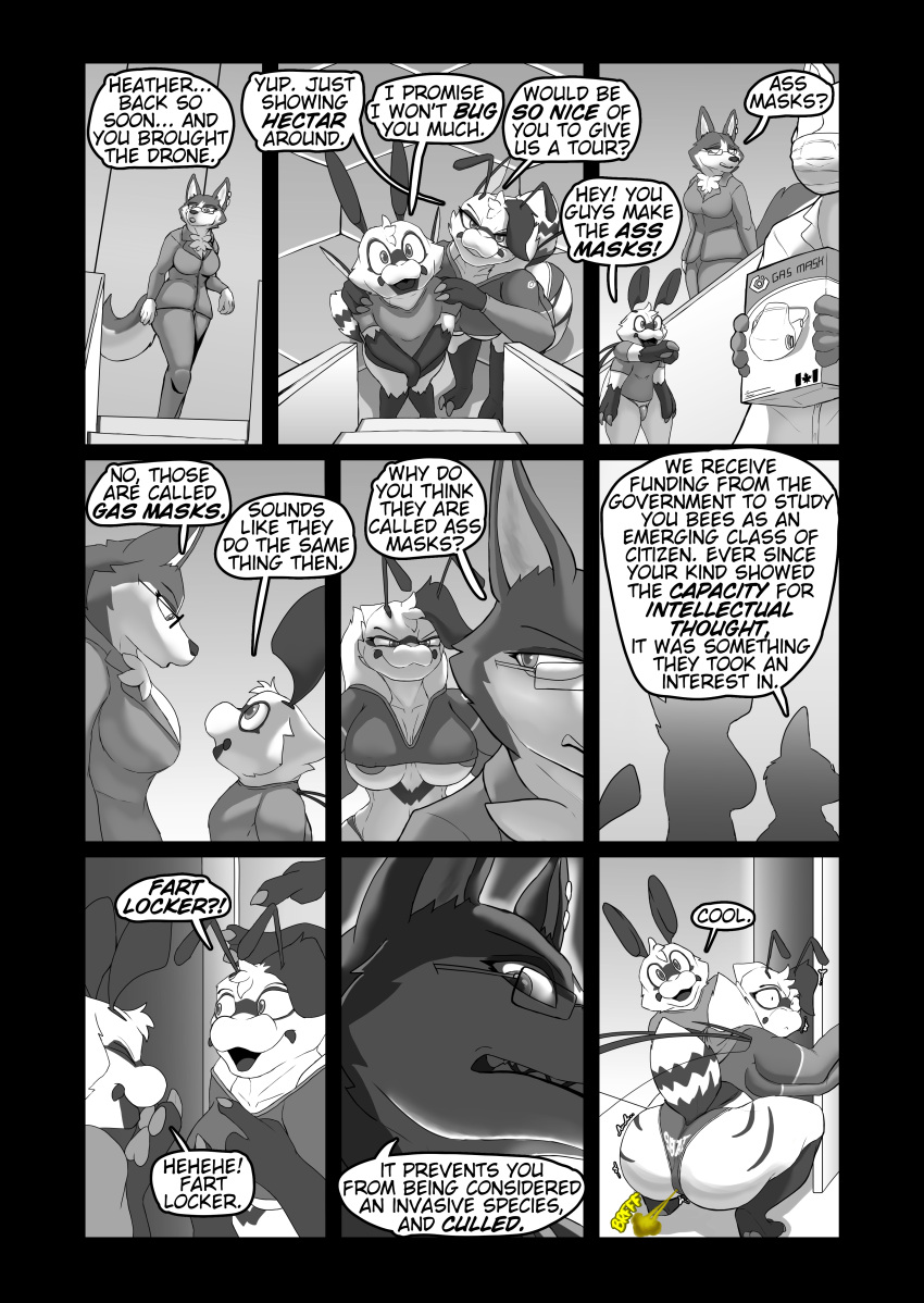 2_fingers 3_fingers 4_arms absurd_res antennae_(anatomy) anthro areola areola_slip arthropod barely_visible_breasts bee black_and_white breasts business_attire business_suit businesswear canid canine canis chest_tuft claws clothed clothed_anthro clothed_female clothing comic dialogue domestic_dog english_text exhibitionism eyewear fart fart_cloud fart_fetish farting_female female female_farting fingers fluffy fluffy_chest fully_clothed fully_clothed_anthro fully_clothed_female gas_mask glasses group heather_(soomir) hectar_(soomir) hi_res husky hymenopteran insects larger_female male mammal mask monochrome multi_arm multi_limb nordic_sled_dog panties partially_clothed partially_clothed_anthro partially_clothed_anthro_nude_male partially_clothed_female partially_clothed_male partially_clothed_male_nude_anthro partially_clothed_male_nude_female public public_nudity sasha_(soomir) shirt size_difference small_shirt soomir speech_bubble spitz stinger stinger_tail suit tail tall_female text topwear trio tuft tufted_fur underwear wings