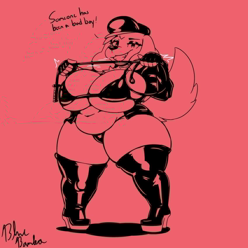 2024 bdsm_gear big_breasts bluebambo bra breasts canine cleavage courtney_(bluebambo) domestic_dog dominatrix dominatrix_outfit female female_only furry hat leather_boots original original_character red_background red_fur red_hair text thick_thighs thighs thong whip