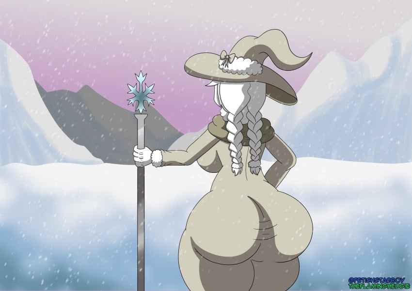 back_view big_ass big_breasts braids breasts cane fetishstarboy funamusea ice ice_scream north_pole polar_bear snow snowflake solo_female sunset white_body white_hair witch_costume witch_hat