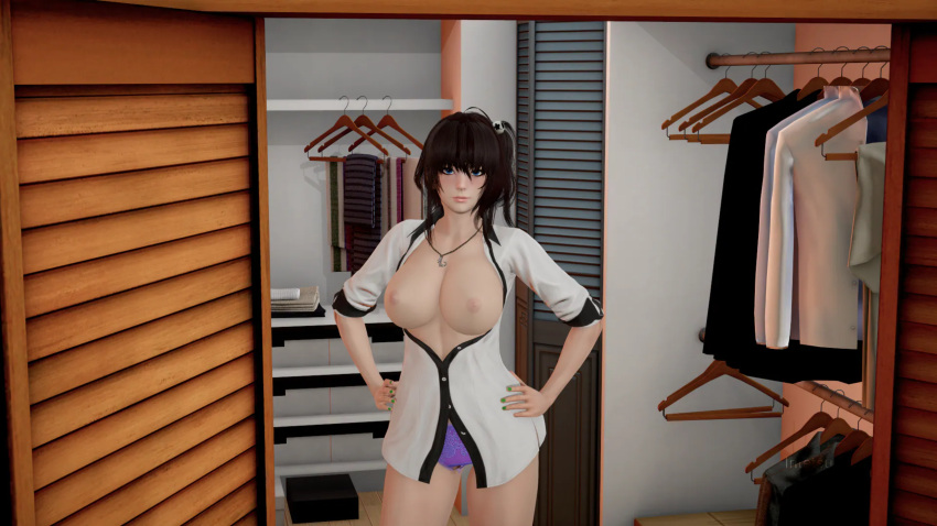 3d bedroom black_hair blue_eyes female female_focus female_only game intetsu medium_breasts my_sister_and_i necklace no_bra purple_panties sisters tortilla_dreams white_shirt