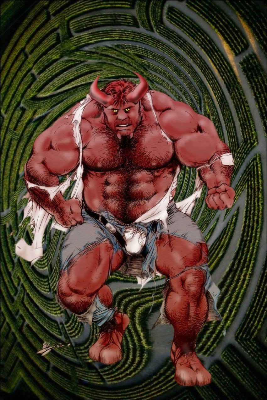 1boy alpha_male bruno_b demon devil devil_horns fat fat_man hairy male male_only masculine muscles muscular muscular_male red_body ripped_clothing ripped_shirt solo transformation