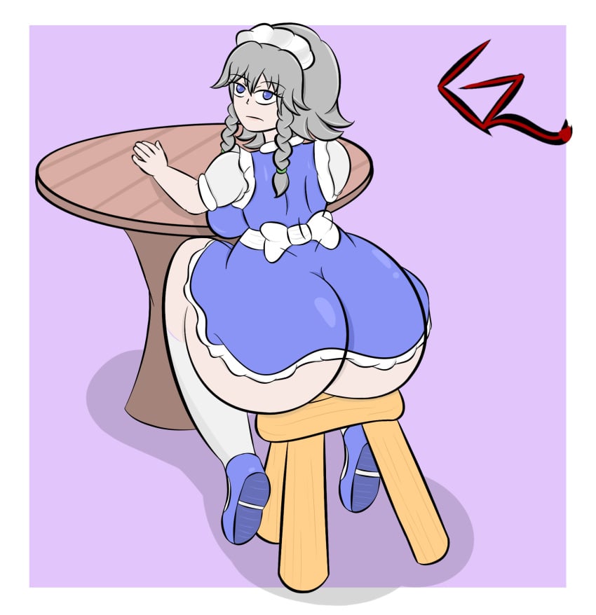 1girls 2d ass ass_expansion big_ass big_butt blue_eyes expansion expansion_sequence ghagalaz huge_ass maid maid_headdress maid_uniform sakuya_izayoi silver_hair sitting sitting_on_chair solo touhou