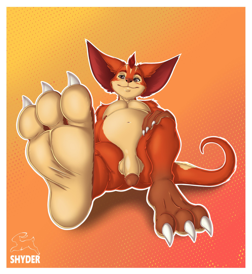 3_toes 4_fingers absurd_res anthro balls big_ears brown_hands brown_paws chua chubby_belly feet fingers flaccid foot_focus fur genitals gusho hair hi_res humanoid_genitalia humanoid_penis male nude orange_body orange_eyes orange_fur orange_hair penis showing_feet shyder soles solo tail tan_body tan_fur toes wildstar