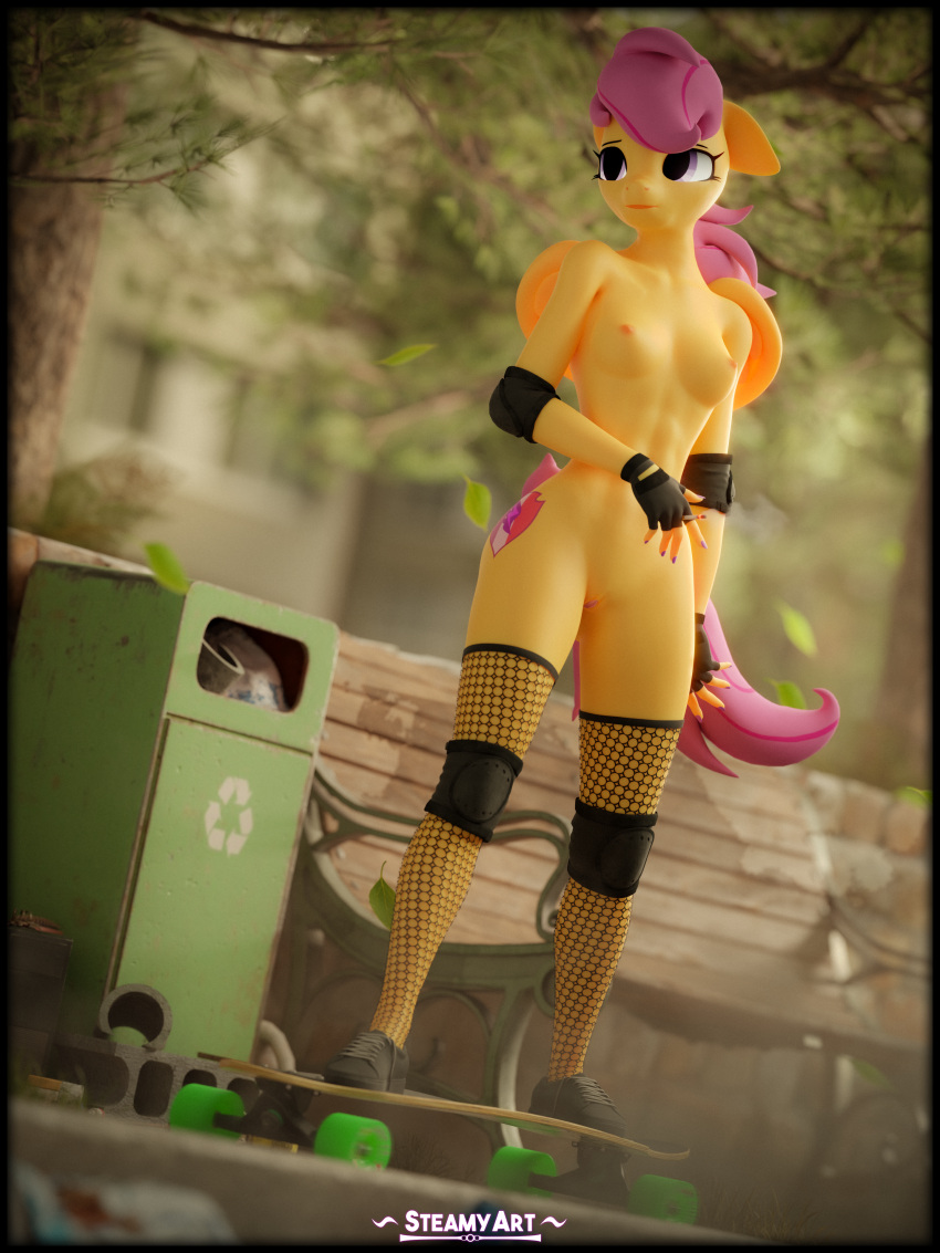 3d 3d_(artwork) absurd_res anthro anthrofied armwear breasts casual clothing digital_media_(artwork) equid equine exposed_torso female fishnet fishnet_legwear fishnets footwear friendship_is_magic genitals hair handwear hasbro hi_res legwear mammal mostly_nude my_little_pony naked_footwear nipples outdoors outside pegasus public purple_hair pussy scootaloo_(mlp) skateboard solo steamyart wings