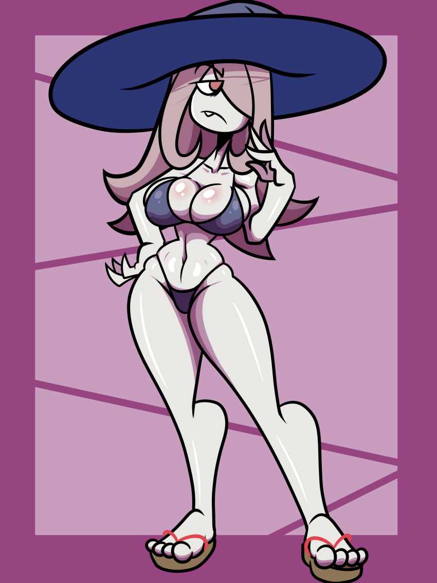 1girls 2023 big_hat bikini bikini_bottom bikini_top female female_only fujiweeb grey_skin hair_over_eye hair_over_one_eye hat little_witch_academia long_hair medium_breasts purple_bikini purple_bikini_bottom purple_bikini_top purple_eyes purple_hair slippers solo solo_female sucy_manbavaran swimsuit swimwear