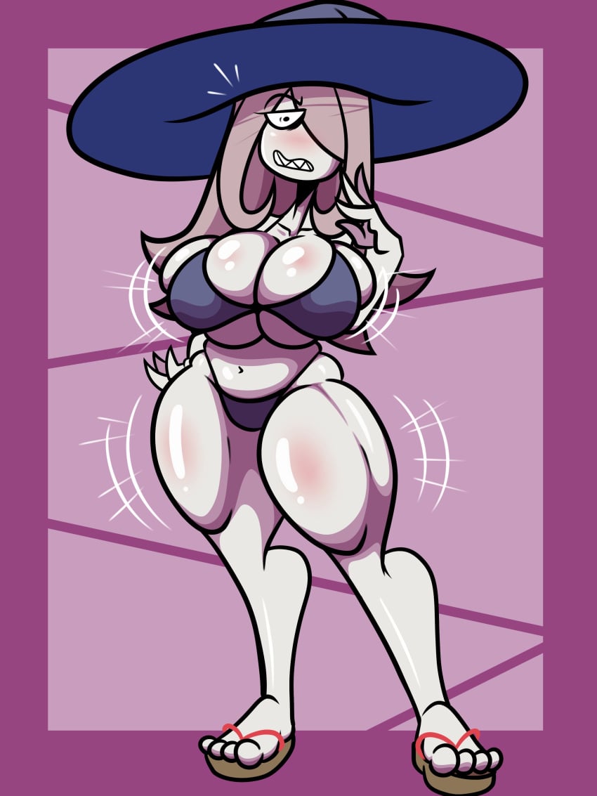 1girls 2023 alternate_breast_size big_hat bikini bikini_bottom bikini_top blush blushing breast_expansion breasts_bigger_than_head cleavage female female_only fujiweeb grey_skin hair_over_eye hair_over_one_eye hat hip_expansion huge_breasts little_witch_academia long_hair purple_bikini purple_bikini_bottom purple_bikini_top purple_eyes purple_hair slippers solo solo_female sucy_manbavaran swimsuit swimwear thick_thighs thigh_expansion underboob wide_hips