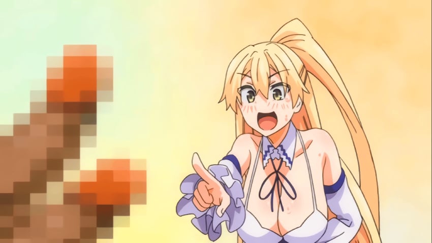 1boy 1girls 2_penises animated aqua_face big_breasts big_penis blonde_female blonde_hair breasts censored diphallia diphallism female goddess hentai isekai_kita_no_de_sukebe_skill_de_zenryoku_ouka_shiyou_to_omou_the_animation laugh laughing long_hair male multi_penis neck penis shion_(animation_studio)