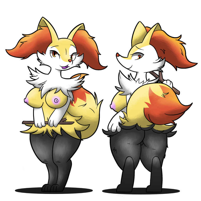 anthro ass big_tail black_body black_fur braixen breasts digital_media_(artwork) female fur generation_6_pokemon genitals hi_res inner_ear_fluff looking_at_viewer looking_back multicolored_body multicolored_fur multiple_poses nintendo nipples nude open_mouth orange_body orange_eyes orange_fur paw_on_butt phantasmalfurry pokemon pokemon_(species) pose presenting presenting_hindquarters pussy side_boob simple_background smile solo stick tail tairenar tuft white_body white_fur yellow_body yellow_fur