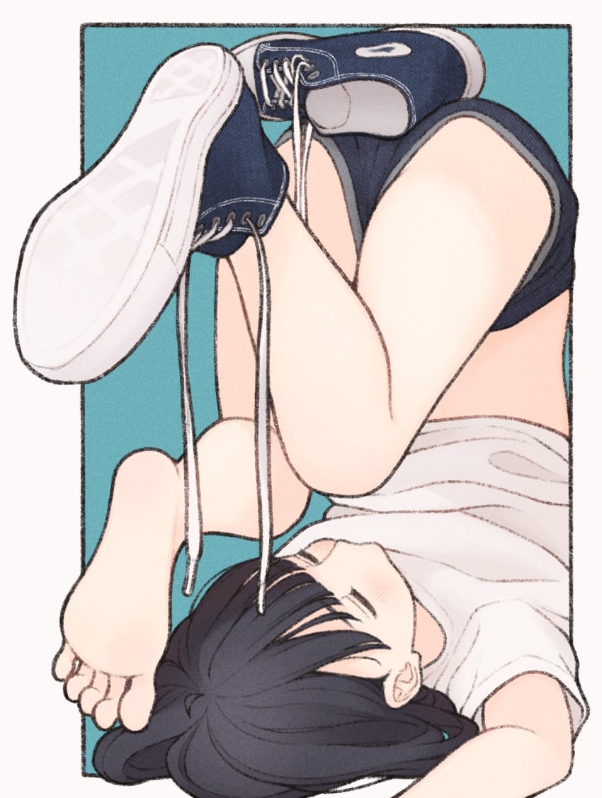 barefoot black_hair blue_eyes blush closed_eyes feet issakawaguchi legs oc one_shoe_on original original_character shirt shoes short_hair short_jeans shorts soles solo solo_female tired toes upside-down white_shirt