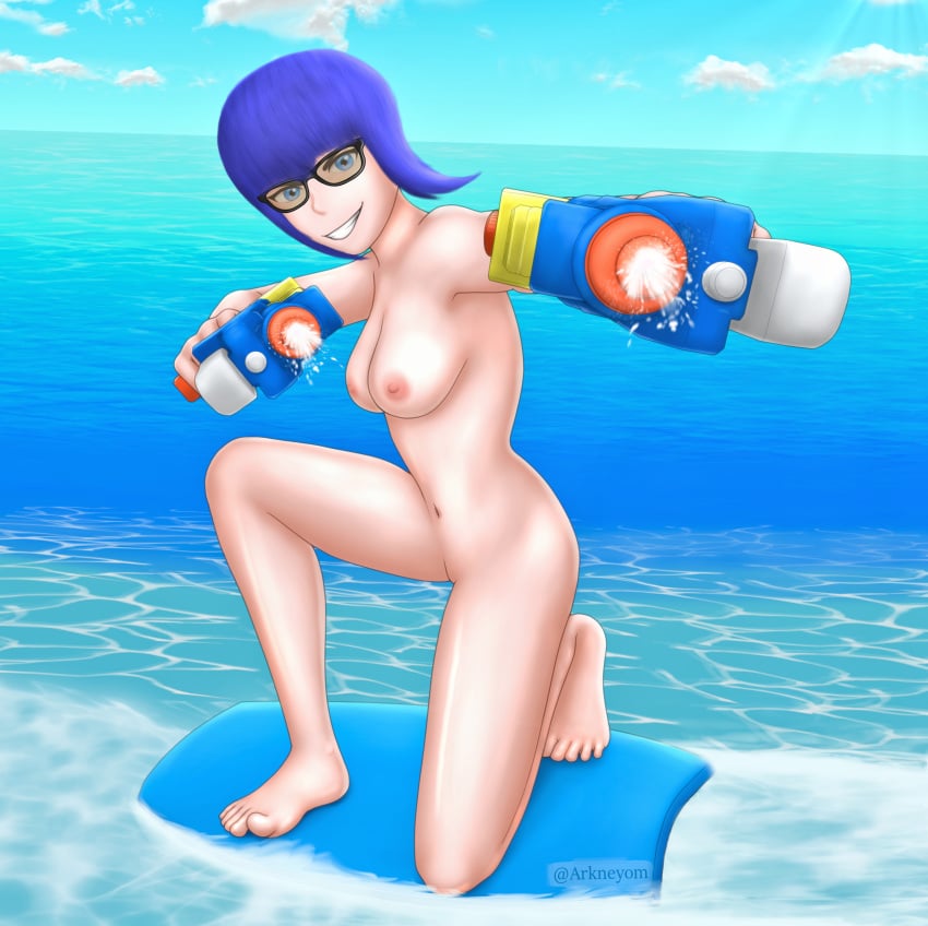 1girls 2d barefoot beach blue_eyes darkneyom female glasses light-skinned_female light_skin looking_at_viewer medium_breasts mischievous_smile naked naked_female nude nude_female ocean original original_character paid_reward_available purple_hair short_hair summer surfing water water_gun watermark