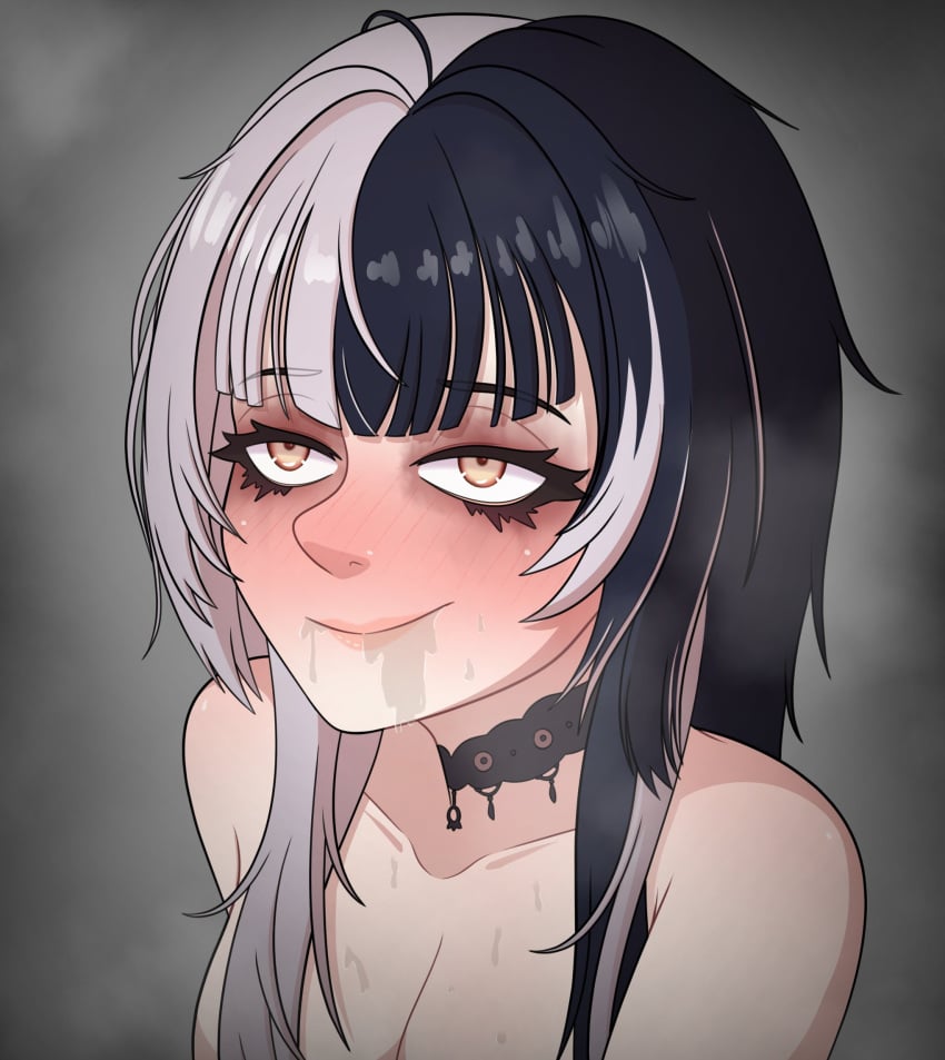 1girls black_hair blush breasts choker drooling female grey_hair hololive hololive_english hololive_english_-advent- light-skinned_female looking_up multicolored_hair saliva shiori_novella solo split-color_hair unholyspicy upper_body virtual_youtuber white_hair yellow_eyes