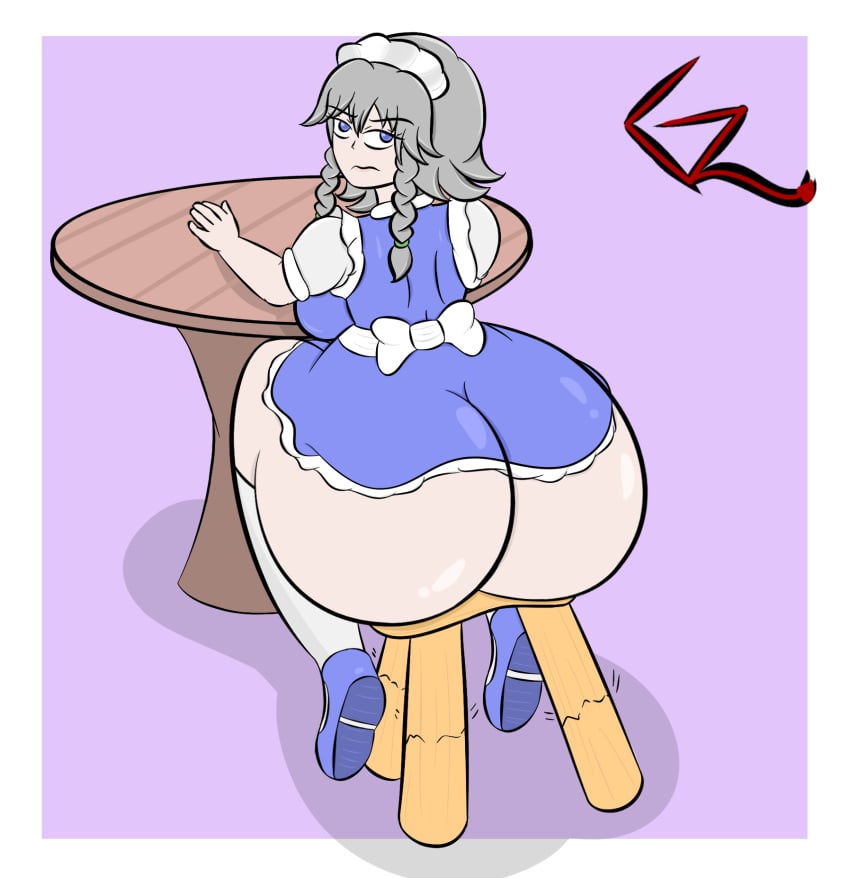 ass ass_expansion big_ass big_butt blue_eyes expansion expansion_sequence ghagalaz huge_ass maid maid_headdress maid_uniform sakuya_izayoi silver_hair sitting sitting_on_chair touhou