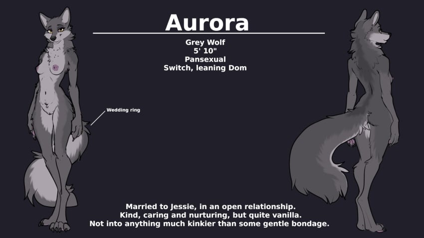 2023 anthro aurora_(ruaidri) breasts canid canine canis digit_ring digital_media_(artwork) english_text female fur genitals grey_body grey_fur hi_res jewelry looking_at_viewer mammal model_sheet nipples nude pussy ring ruaidri standing tail text wedding_ring wolf