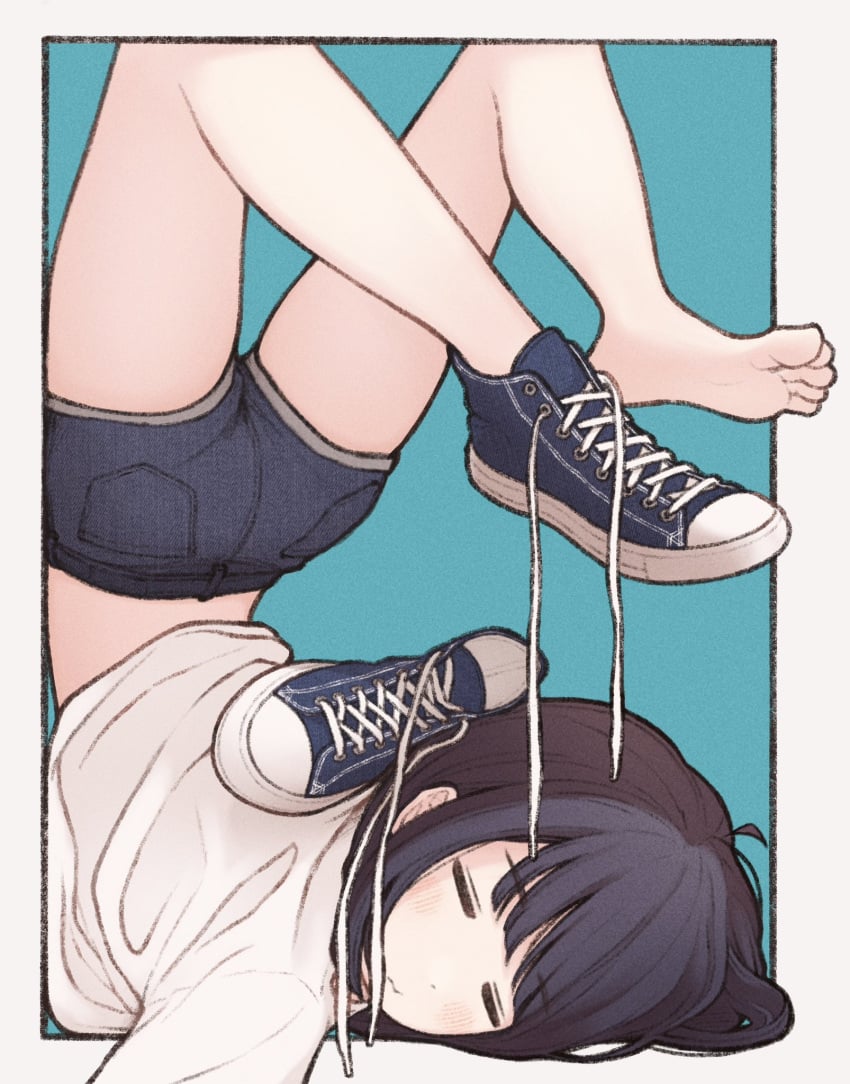 1girl 1girls barefoot black_hair blue_eyes blush closed_eyes feet female flexible issakawaguchi legs light-skinned_female light_skin oc one_shoe_on original original_character shirt shoes short_hair short_jeans shorts soles solo solo_female tired toes upside-down white_shirt