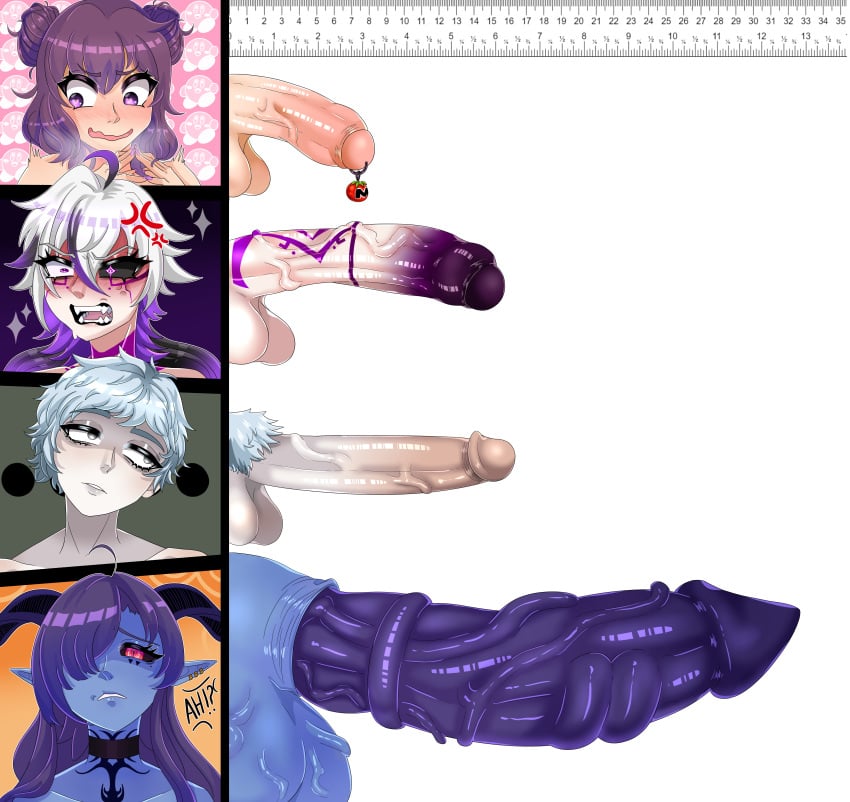 2boys 2futas alexklein angry angry_face cock_piercing fat_cock futanari huge_cock humanoid_genitalia humanoid_penis kirby_(series) original_character original_characters pale_skin penis_chart penis_size_chart penis_size_difference pierced_genitals piercing piercings purple_glans purple_penis shy small_penis