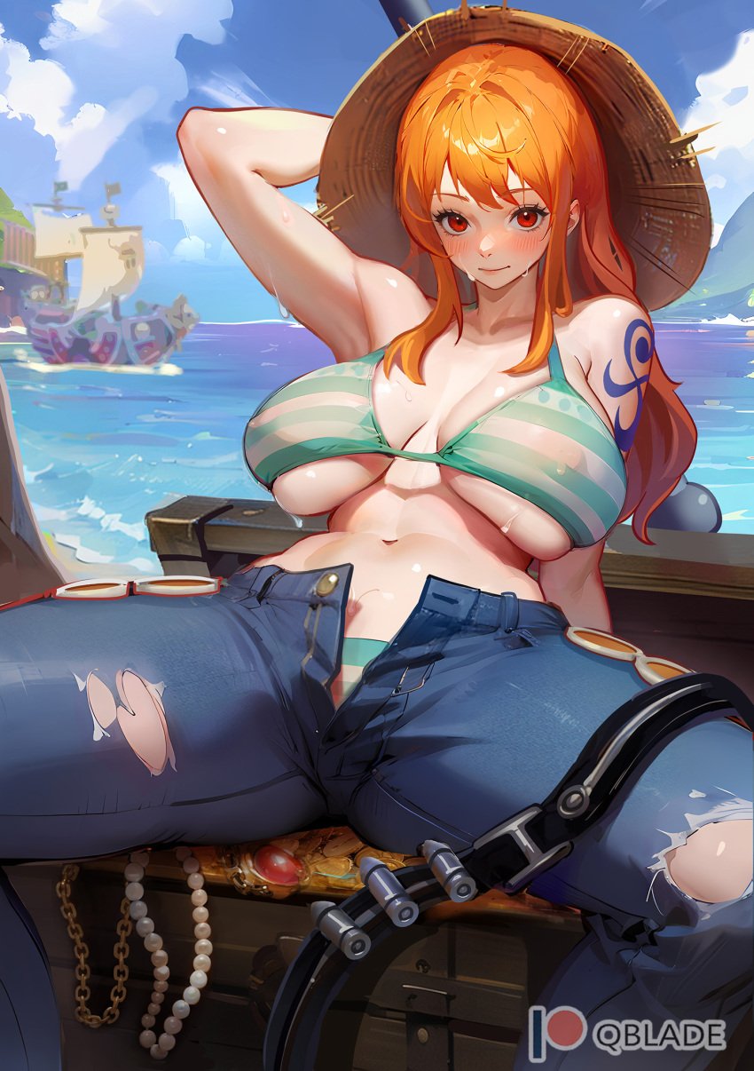 1girls ai_generated big_breasts breasts clothed clothing female female_only human light_skin long_hair looking_at_viewer nami nami_(one_piece) one_piece orange_hair partially_clothed post-timeskip qblade sitting solo spread_legs