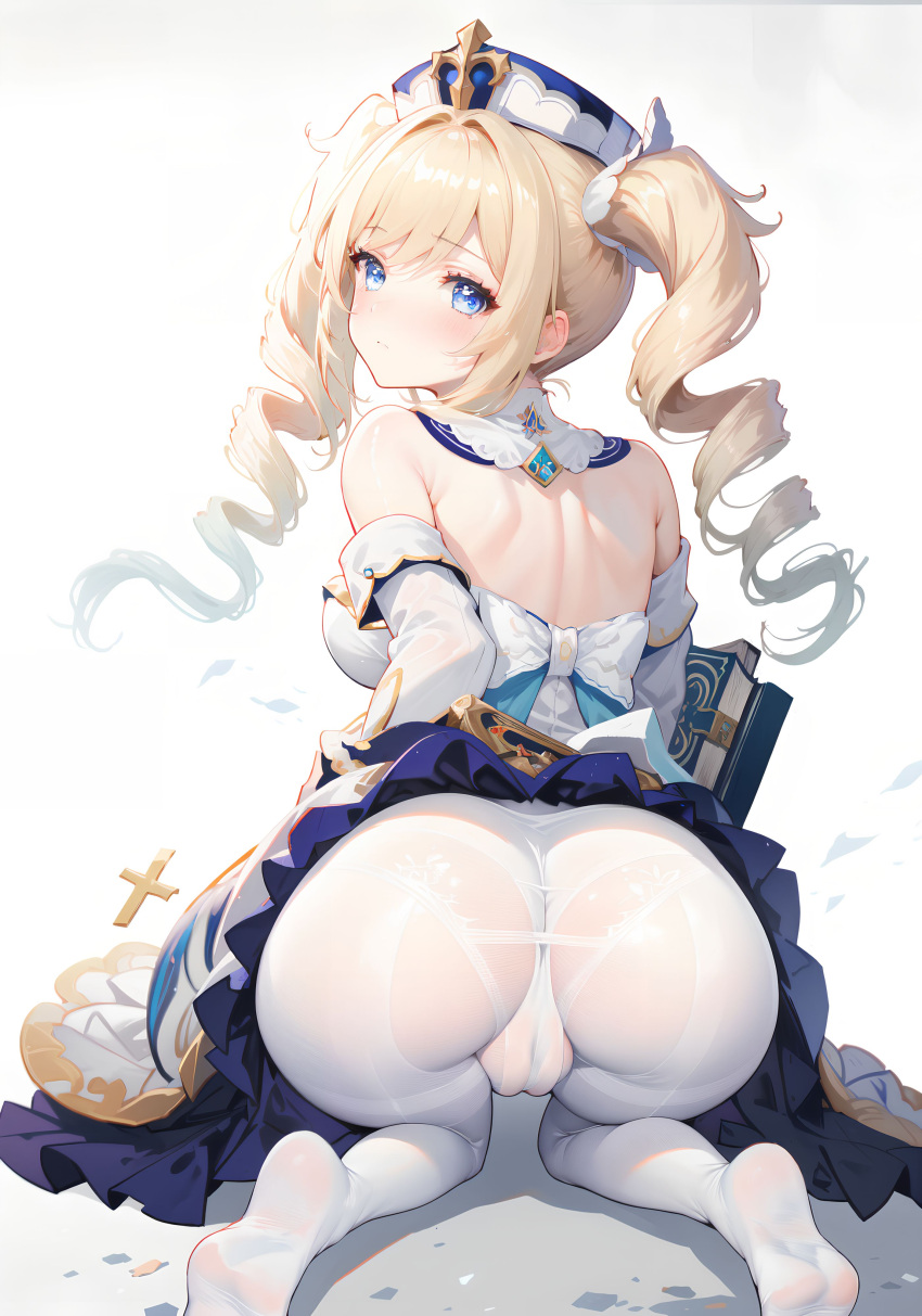 ai_generated ass ass_focus barbara_(genshin_impact) bare_shoulders blonde_hair blue_eyes blush breasts cameltoe detached_sleeves dress female from_behind genshin_impact hair_ornament hat huge_ass kneeling long_hair looking_at_viewer looking_back medium_breasts nun pantyhose shiny shiny_clothes shiny_hair shiny_skin sideboob skirt solo thong thong_under_pantyhose twin_drills twintails