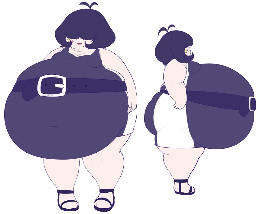 1girls ass bangs_over_eyes belly belt belt_buckle bettabel black_hair breasts cleavage fat female female_focus female_only hair_over_eyes hips hyper hyper_belly imcoffeecakes large_ass large_belly overweight overweight_female side_profile side_view stomach thick_thighs thighs wide_hips