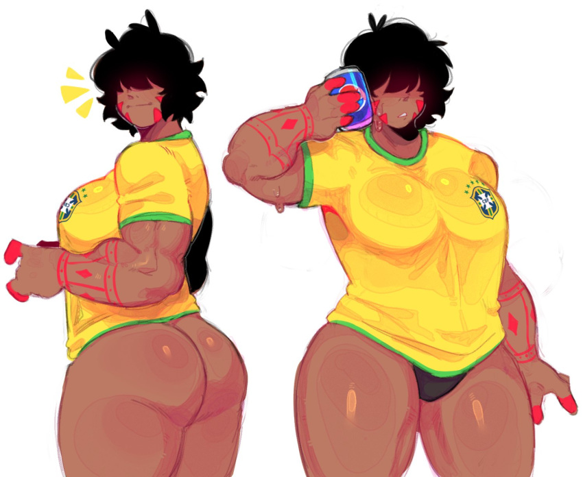 1girls ass back_view big_ass big_breasts big_butt black_panties black_underwear blaze_(hanaarts) blinding_bangs brazil breasts butt dark-skinned_female dark_skin female football_uniform front_view hair_over_eyes hanaarts looking_at_viewer muscular muscular_female original original_character panties pantless pepsi short_hair soda soda_can solo solo_female thick_thighs thighs underwear white_background