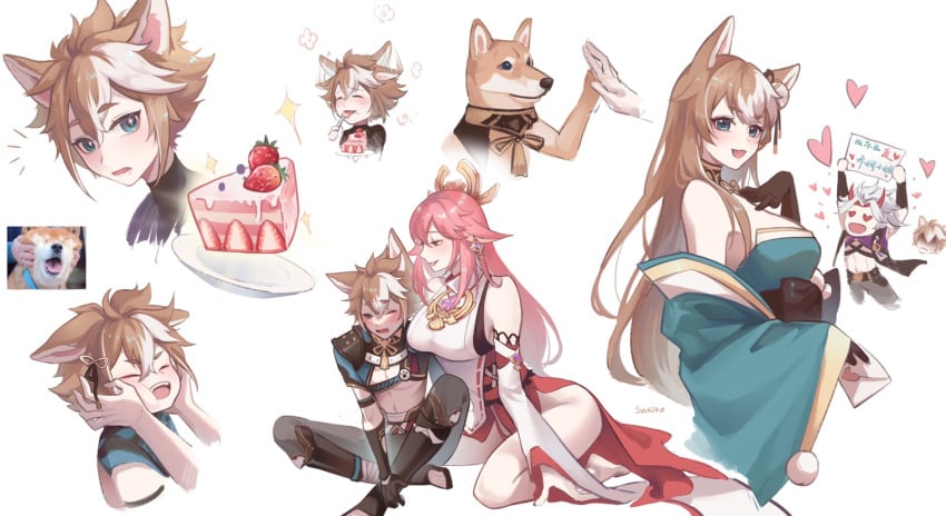 2boys 2girls animal_ears arataki_itto assertive_female bare_legs big_breasts bigger_female blush busty cake canine dessert dog_boy dog_ears dog_girl eating_food fanboy female fox_ears fox_girl genderswap_(mtf) genshin_impact gorou_(genshin_impact) heart_eyes kanosokiko_(artist) long_hair male ms_hina_(genshin_impact) personal_space_invasion pink_hair puppy revealing_clothes rule_63 shiba_inu shy size_difference smaller_male thighs tight_clothing two_tone_hair yae_miko