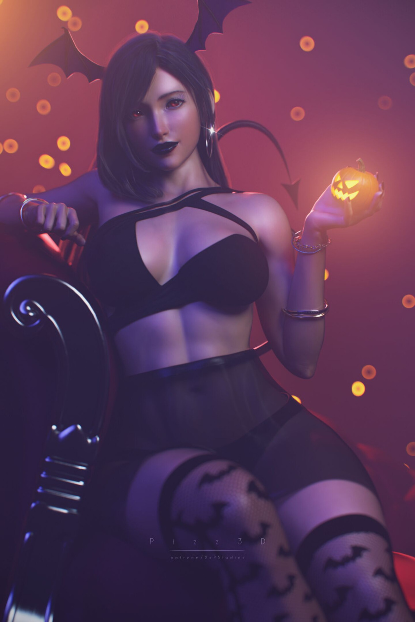 1girls 2023 2xp_studios 3d abs bat_headband black_bra black_hair black_lipstick bra clothed clothing earrings female female_only final_fantasy final_fantasy_vii final_fantasy_vii_remake fishnet_legwear fishnets halloween hoop_earrings large_breasts lipstick pinup pizz3d red_eyes seated see-through see-through_clothing see-through_skirt sitting solo solo_female tifa_lockhart wide_hips