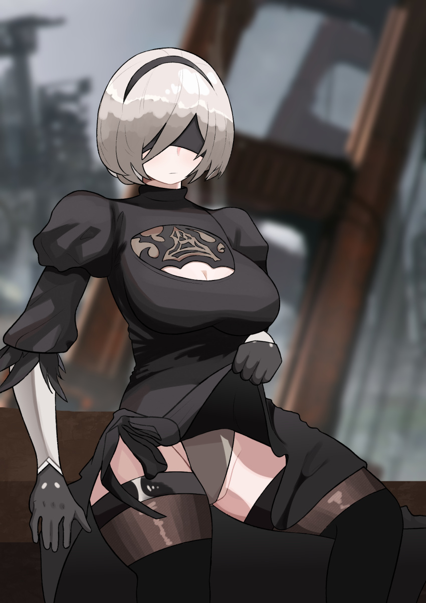 1girls android android_girl blindfold breasts flashing flashing_panties light_skin looking_at_viewer nier:_automata short_hair stockings thick_thighs viperzcorner wide_hips yorha_2b