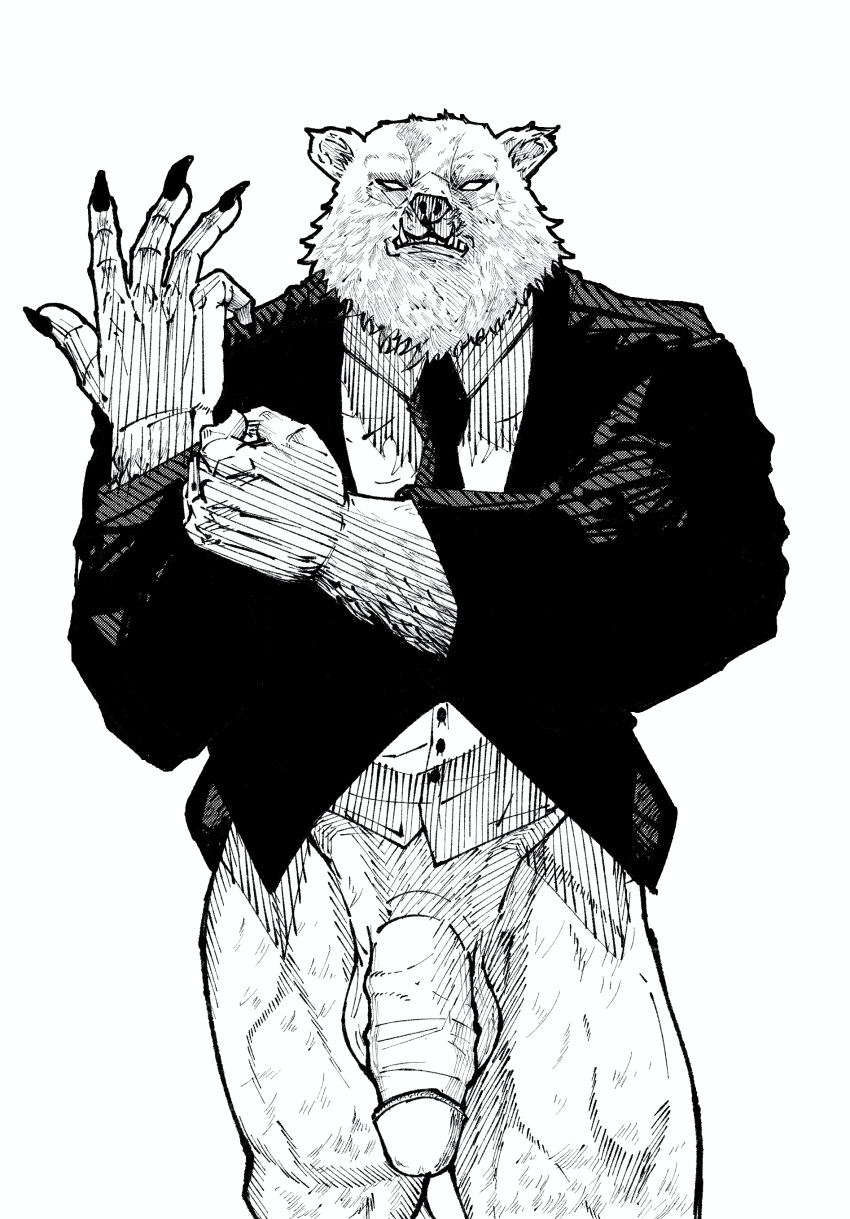 1boy absurd_res angry_expression anthro artist_request balls ballsack bear big_penis biped black_clothing black_nails black_necktie black_suit black_tie_(suit) body_fur bottomless bottomless_anthro bottomless_male clothed clothing colored_nails dress_shirt fingers foreskin foreskin_folds genital_scar genitals glans hi_res humanoid_genitalia humanoid_penis intact male male_only mammal monochrome muscles muscular_anthro muscular_legs muscular_male nails necktie partially_clothed penis retracted_foreskin scar scrotum semi-erect shirt solo standing suit testicles thatmizuu thick_thighs topwear uncut ursid veiny_penis white_fur