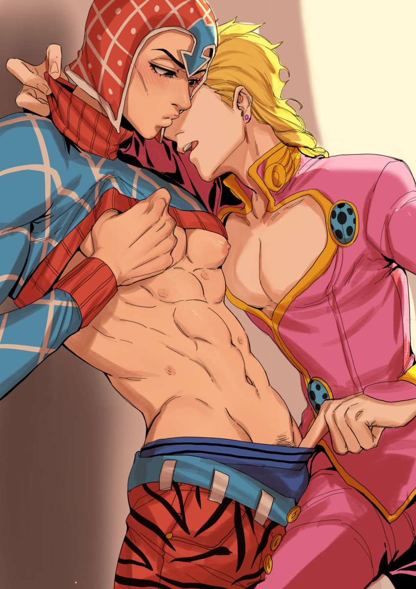 2boys ailili blonde_hair blush breasts gay giorno_giovanna guido_mista jojo's_bizarre_adventure male male_breasts male_nipples male_only nipples removing_underwear underwear vento_aureo yaoi