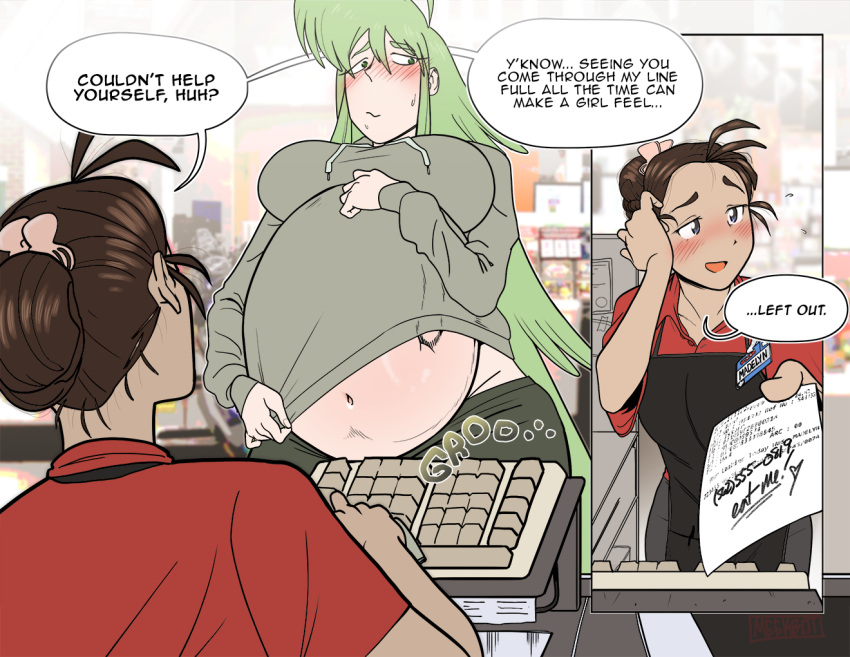 3girls annoyed annoyed_expression belly belly_bulge big_belly big_belly_bulge blush breasts cash_register cashier digestion digestion_noises embarrassed embarrassed_female exposed_belly female_pred female_prey groceries grocery_store larger_female meekbot multiple_girls oral_vore smaller_female soft_vore torned_clothes tricked vore vore_belly