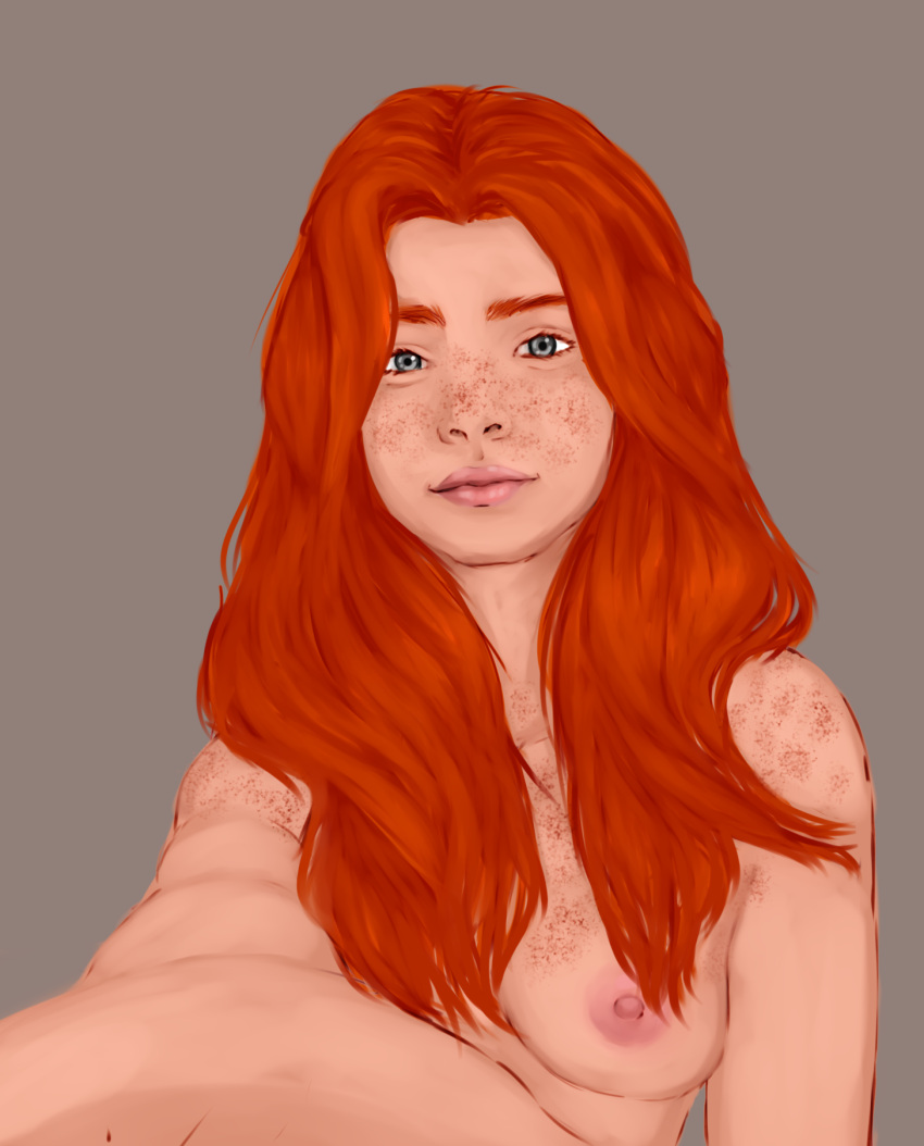 1girls astrid_(raiodeouro7) drawing female female_focus female_only freckles grey_eyes looking_at_viewer one_breast_out original_character pink_nipples portrait presenting raiodeouro7 realistic red_hair selfie small_breasts smile