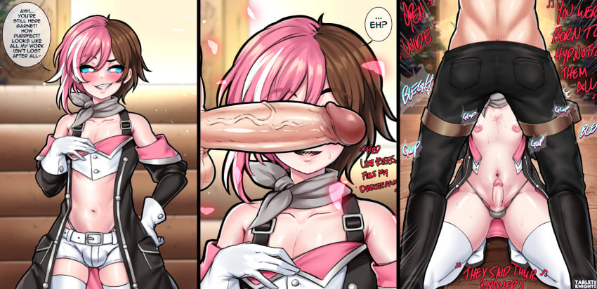 2boys 3_panel_comic blue_eyes brown_hair curious_cat_(rwby) fellatio femboy gay genderswap_(ftm) irrumatio neo_(rwby) pink_hair ruby_rose rule_63 rwby sword_swallowing_position tabletknight yaoi