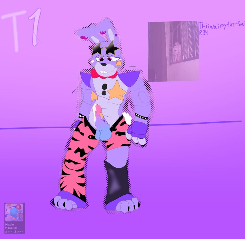 animatronic anthro blush_lines cum_on_penis five_nights_at_freddy's five_nights_at_freddy's:_security_breach glamrock_bonnie_(fnaf) half_naked male male_only purple_body purple_fur purple_penis purple_skin rabbit rabbit_humanoid red_bowtie self_upload tring1