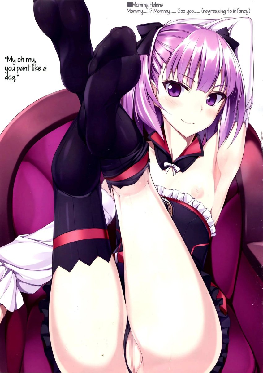 1girls armpit ass black_bow black_legwear black_panties black_thighhighs blush chair commentary detached_collar english english_text fate/grand_order fate_(series) feet feet_towards_viewer female foot_fetish frills hairbow happy helena_blavatsky_(fate) hips legs legs_up looking_at_viewer medium_hair mosaic_censoring naturalton nipples offscreen_male panties_aside presenting_feet purple_eyes purple_hair pussy shirt_down simple_background small_breasts smile soles_of_feet_in_socks talking_to_viewer thighs white_armwear white_elbow_gloves